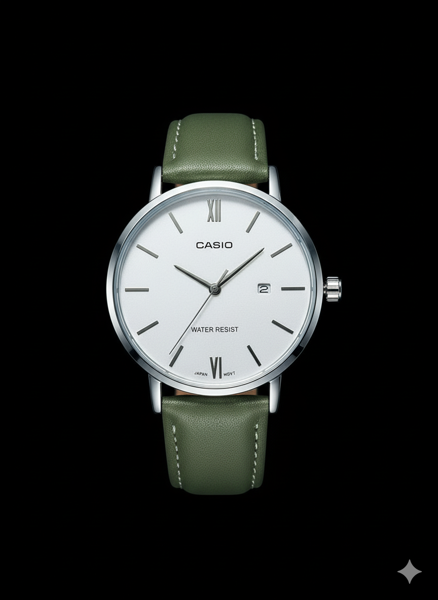 Montre casio manche cuir  vert - fond blanc