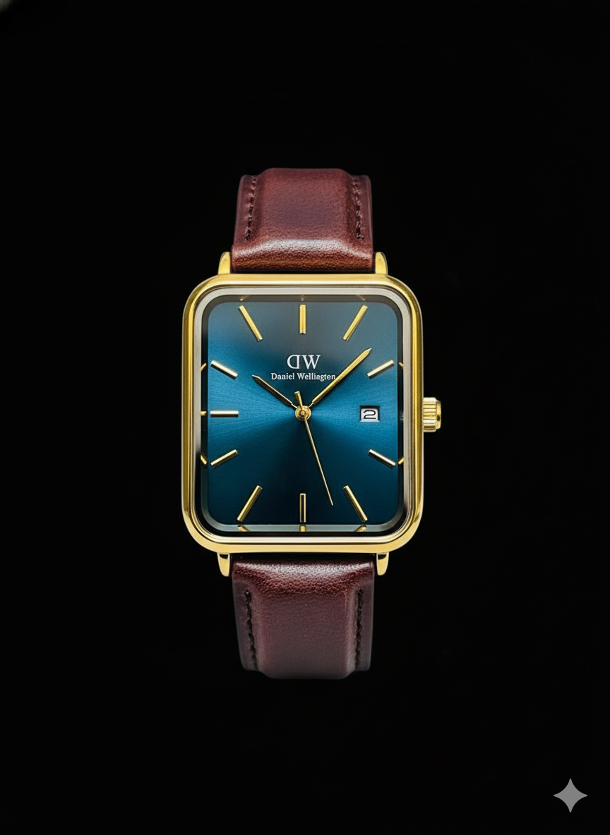 Daniel Wellington cuir noir - fond bleu pu