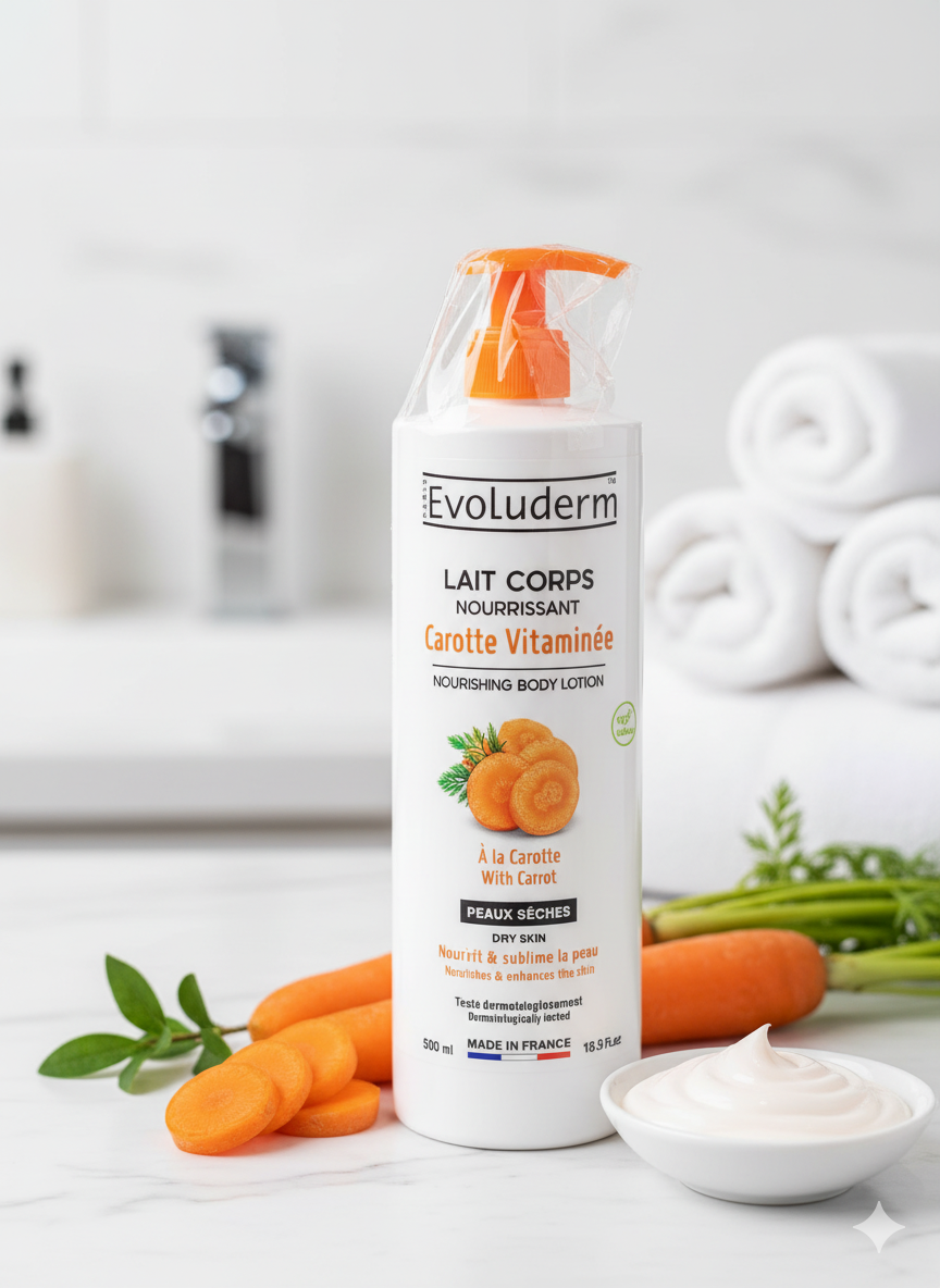 Evoluderm Lait Corps Nourrissant Carotte Vitaminée – Hydratation & Éclat Naturel