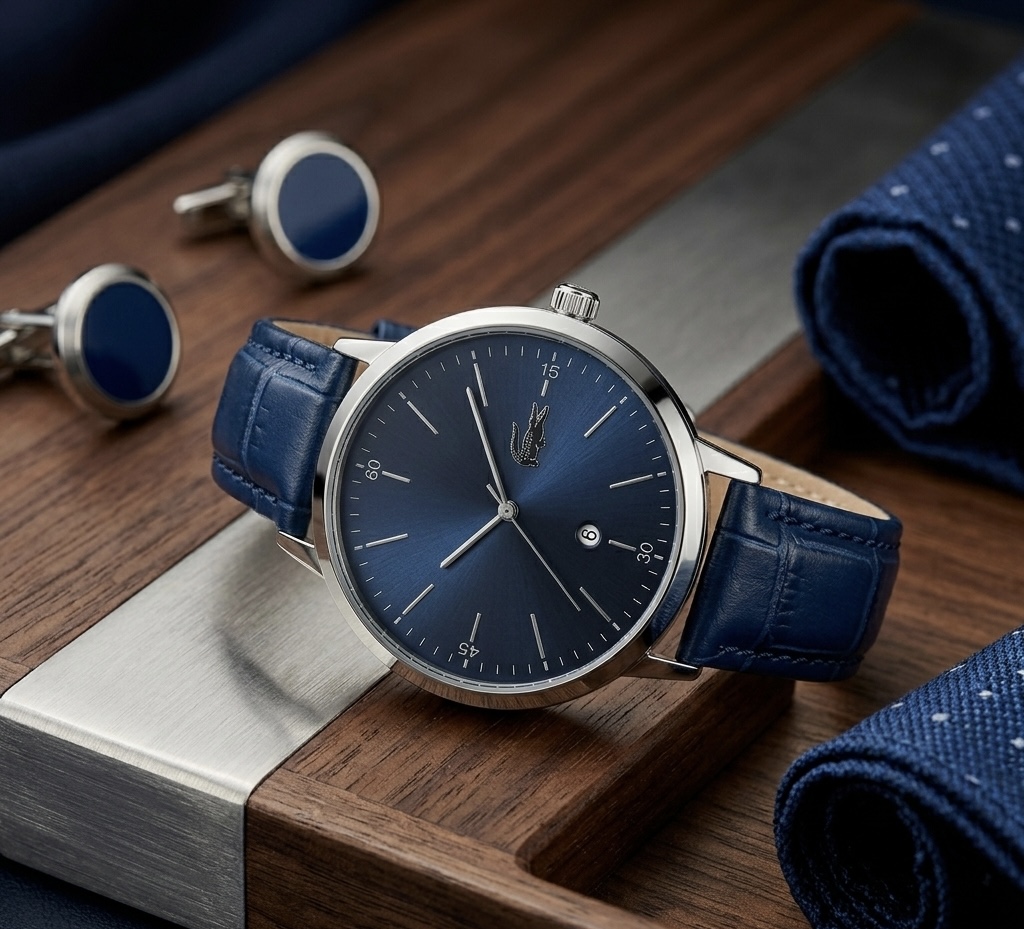 LACOSTE MANCHE CUIR BLEU FOND BLEU