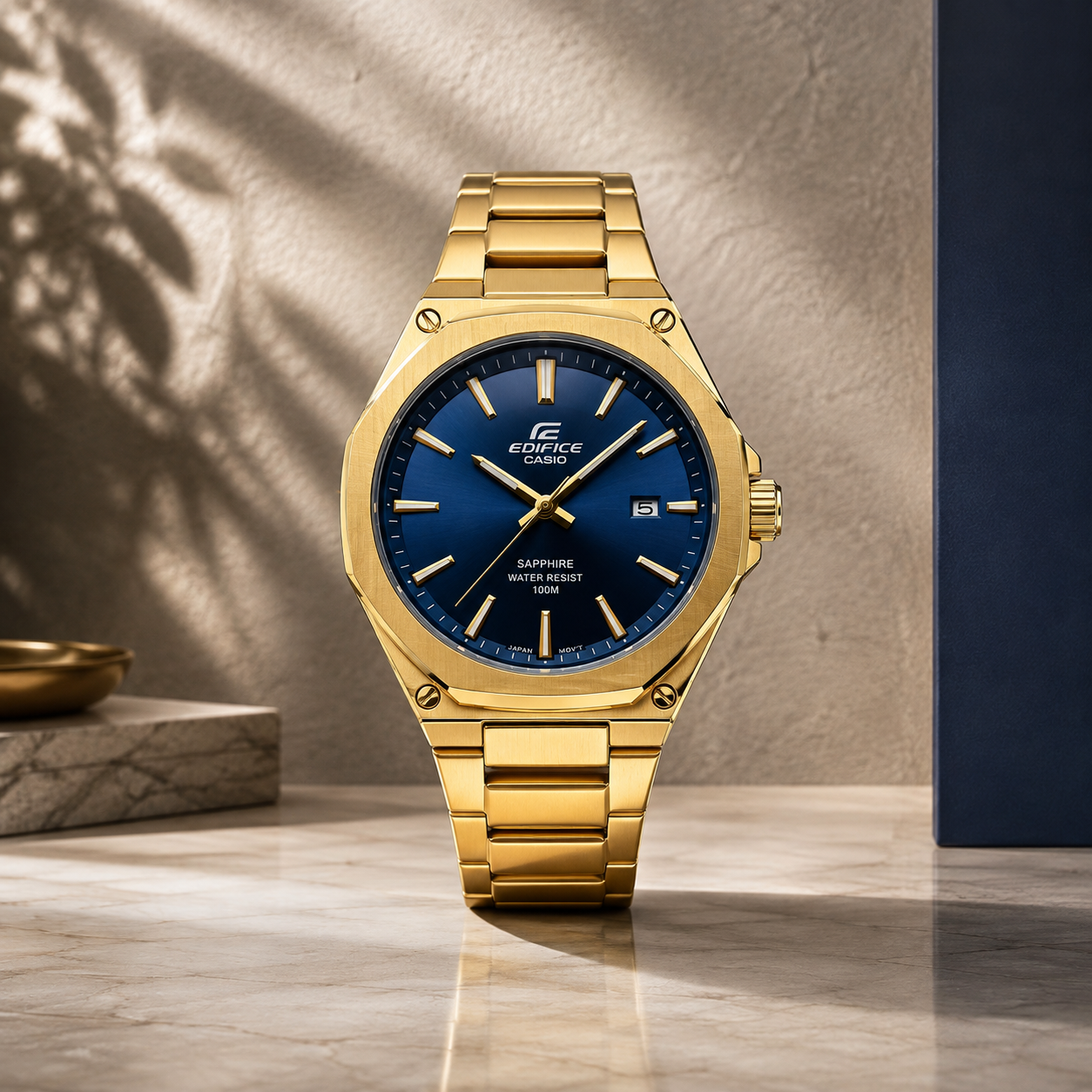 Montre Casio Édifice – Cadran Bleu & Finition Jaune Or