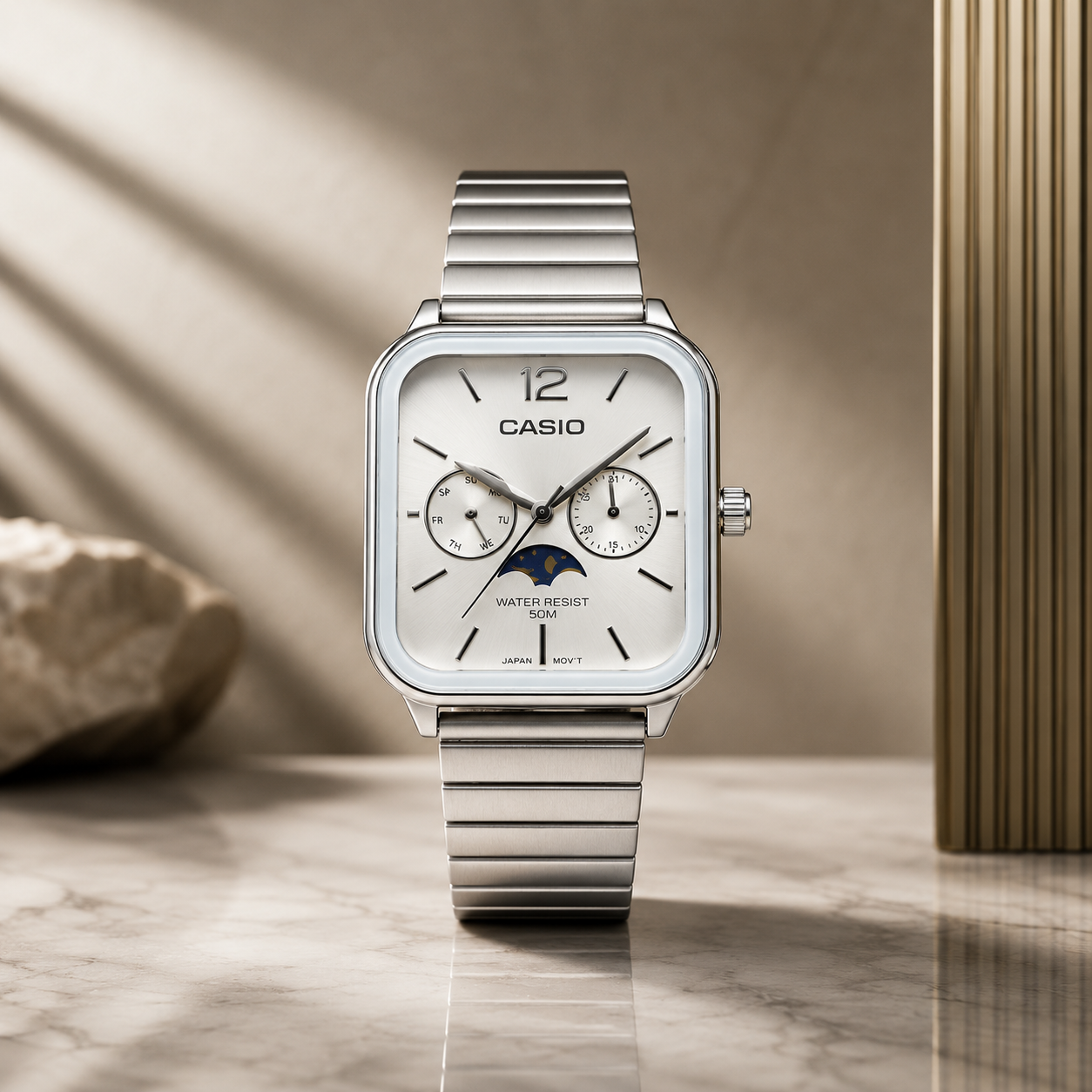 Montre Casio Water Resist – Cadran Blanc & Finition Argent