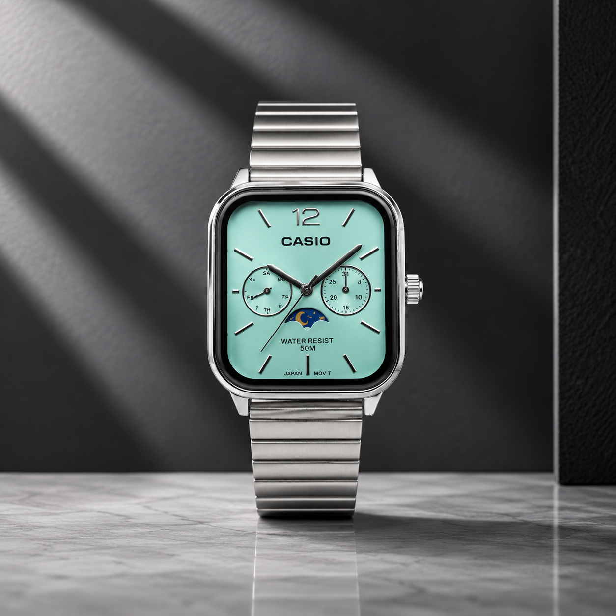 Montre Casio Water Resist – Cadran Bleu & Finition Argent
