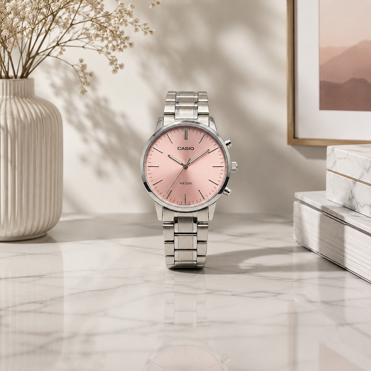 Montre casio - fond rose