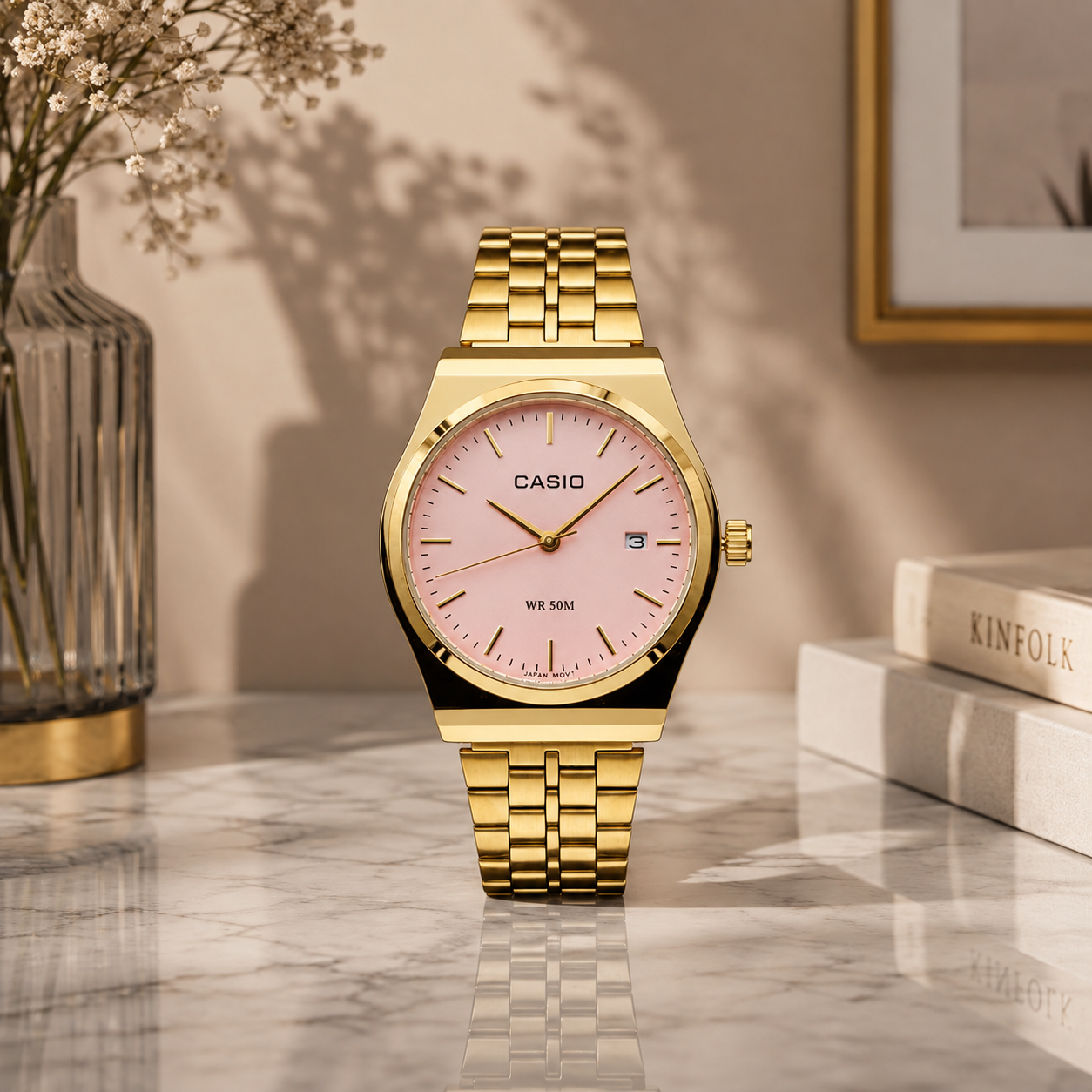 Casio manche or - fond rose