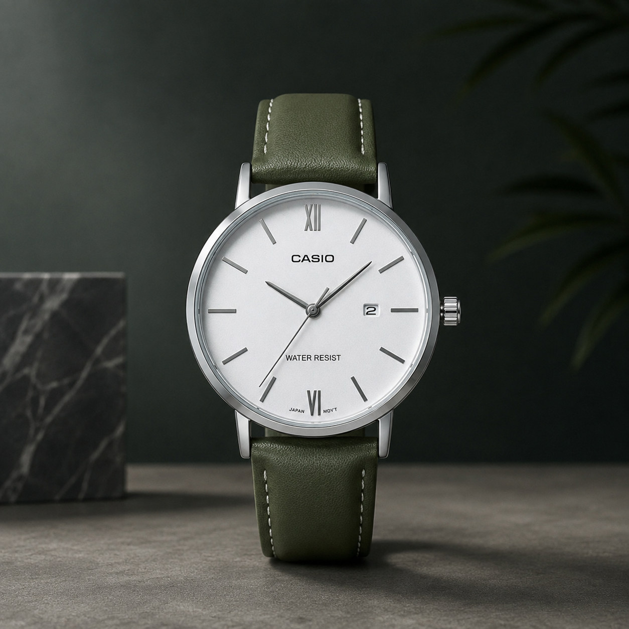 Montre casio manche cuir  vert - fond blanc