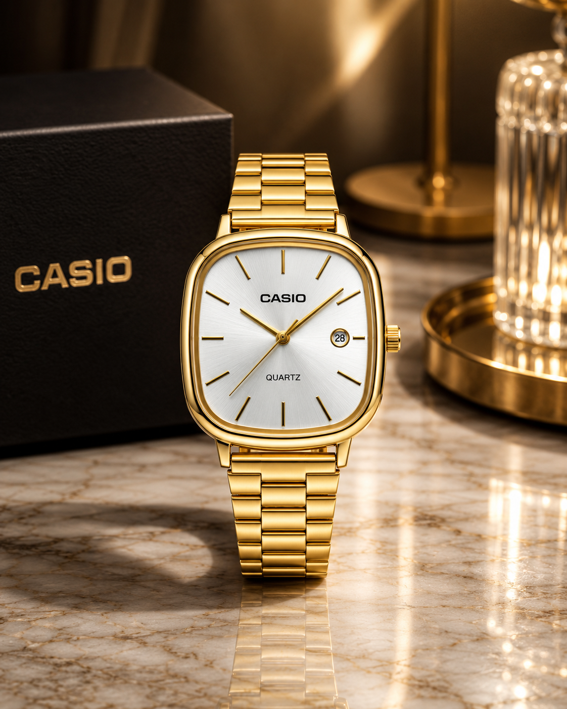 montre casio manche or- fond blanc