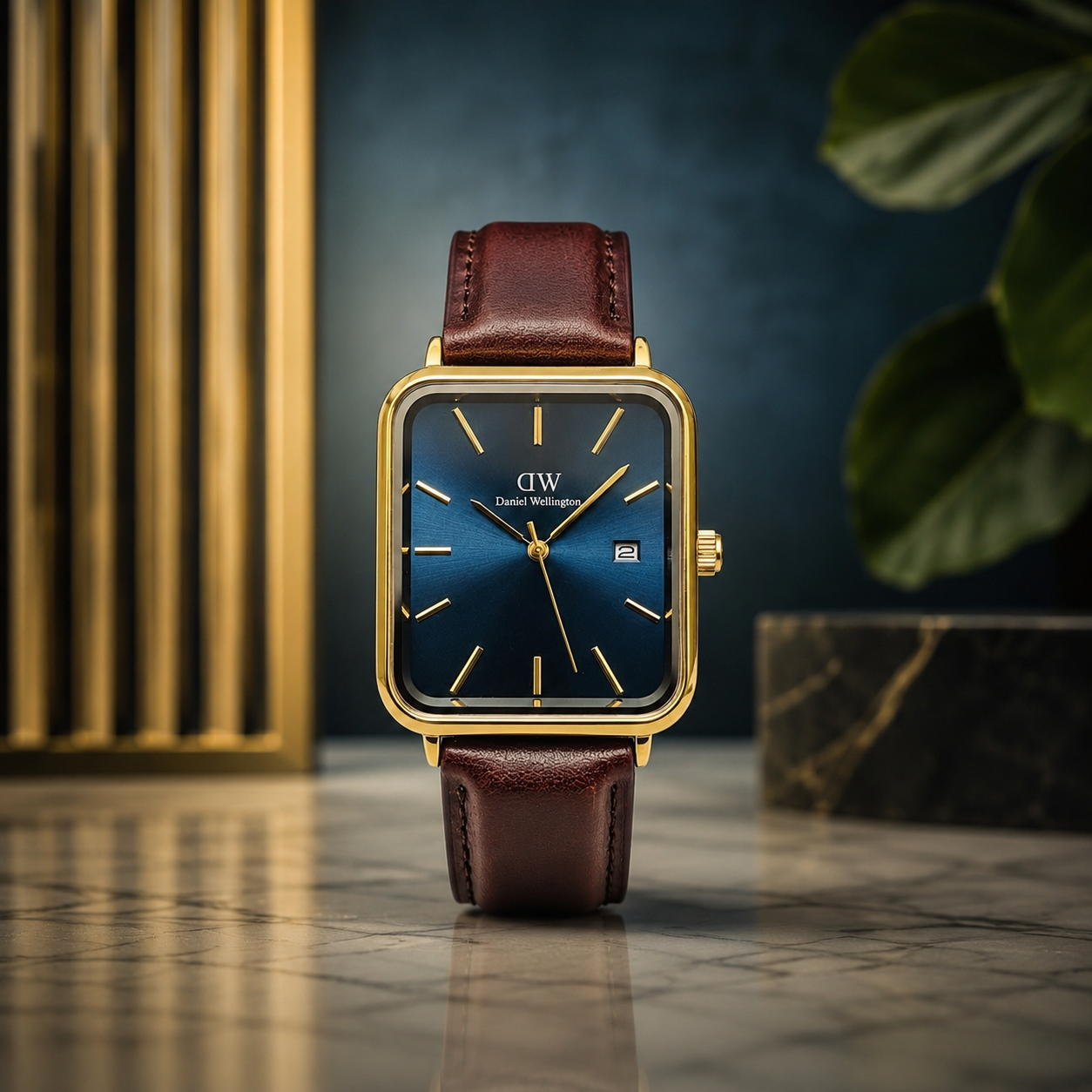 Daniel Wellington cuir noir - fond bleu pu